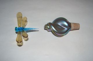 2 Studio Art Glass Decorative Hand Blown Iridescent & Dragonfly Stoppers