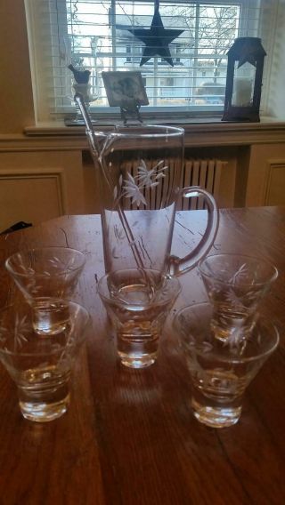 Vintage Etched Glass Cocktail Pitcher,  Glass Stirrer And 5 Etched Glasses