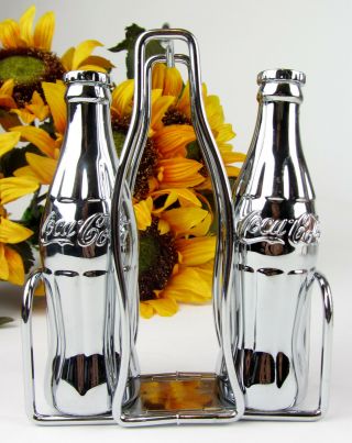 1998 The Coca Cola Co.  Heavy Chrome Salt & Pepper Shakers With Stand