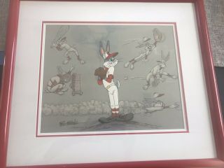 Warner Bros Friz Freleng Signed Baseball Bugs Bunny L/ed Animation Cel Framed