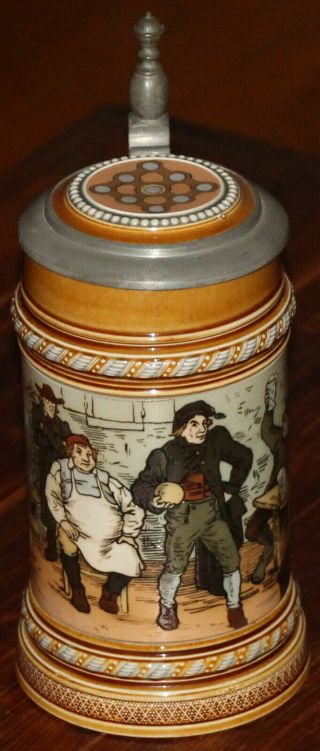 Mettlach 1403 " Bowling " 1/2 Liter German Beer Stein Antique - Strong Colors