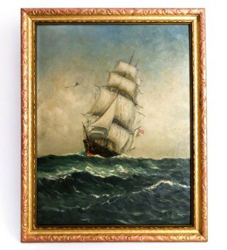 Early 20th C American Vint Signed Nautical Clipper War Ship O/b W/ensigns/framed