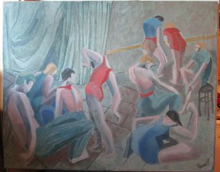 OLD 1950 ' s SIGNED HeWett Weiz CUBIST Figurative oil painting of BALLET DANCERS 2