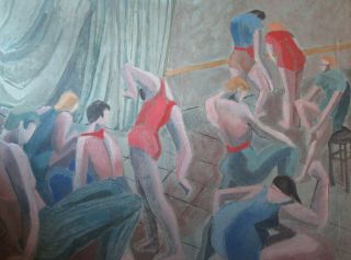 OLD 1950 ' s SIGNED HeWett Weiz CUBIST Figurative oil painting of BALLET DANCERS 3