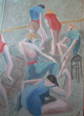 OLD 1950 ' s SIGNED HeWett Weiz CUBIST Figurative oil painting of BALLET DANCERS 6