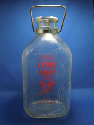Lewes Dairy 1/2 Gallon Milk Glass Bottle Jar W/ Metal Handle