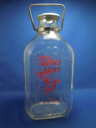 Lewes Dairy 1/2 Gallon Milk Glass Bottle Jar W/ Metal Handle 5