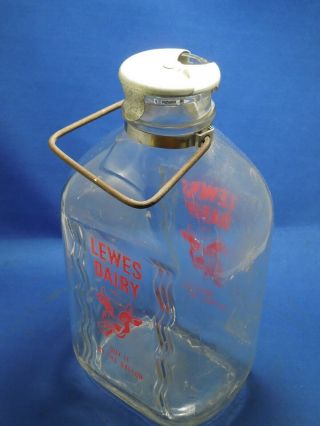 Lewes Dairy 1/2 Gallon Milk Glass Bottle Jar W/ Metal Handle 7