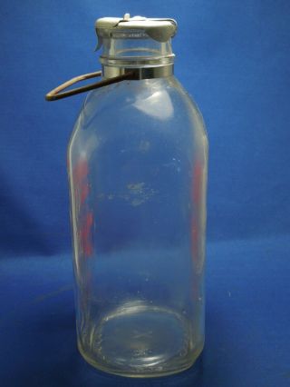 Lewes Dairy 1/2 Gallon Milk Glass Bottle Jar W/ Metal Handle 8