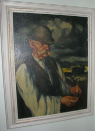 Wpa American Scene Oil Painting Artist Signed Farmer Smoking Pipe