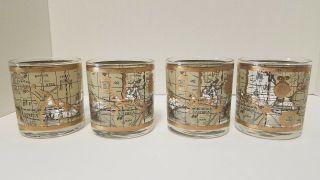 4 Vintage Cera Cora Signed Old World Map Gold Barware Glasses Mid Century