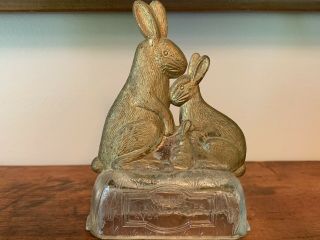 Rabbit Family Glass Candy Container Gold Paint
