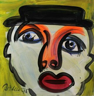 Signed Peter Keil German Neo Expressionist Man In Hat Portrait Oil Painting Nr