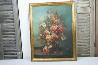 Antique Oil Painting Still Life Floral Bouquet Pink Red Roses Wild Flowers Vase