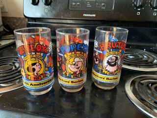 3 Vintage 1982 10th Anniversary Popeye Brutus Olive Oyl Collectible Glasses