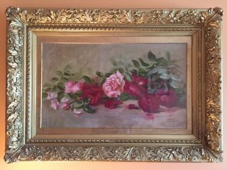 Atnique Oil Painting Roses Floral By M.  B.  Peck England Gold Gilt Frame