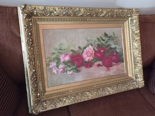 Atnique Oil Painting Roses Floral by M.  B.  Peck England Gold Gilt Frame 7