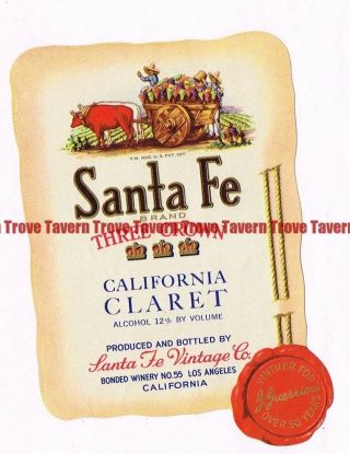 1940s California Los Angeles Santa Fe Clarete Wine Label