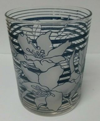 Vintage Culver Rocks Glasses.  Set 6.  Navy Blue Lilies Stripes & Frosted Glass.