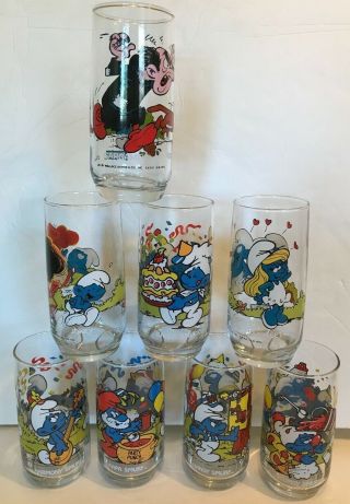 Hardee’s Smurf Glasses 1982&83 Set Of 8 Papa,  Smurfette,  Gargamel,  Handy,  Baker