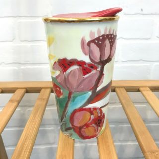 Starbucks Ceramic Travel Mug 2014 Watercolor Floral Tumbler 10 0z Gold Trim Red