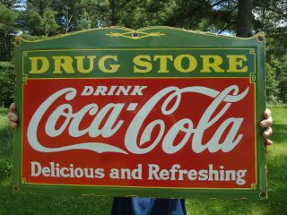 Large 27 " X 18 " Old Drink Coca - Cola " Drug Store " Porcelain Sign