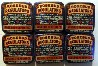 6 Antique Vtg Rosebud Regulators 25c Laxative Tins Woodsboro,  Md C1930s