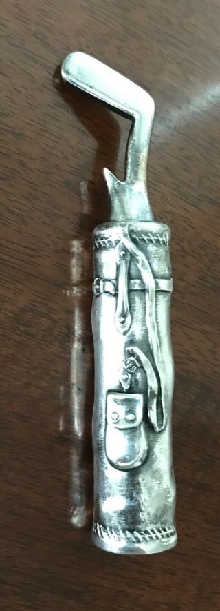 Sterling Silver Corkscrew / Bottle Opener Shaped Like A Golf Bag