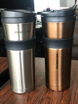 Pair Starbucks 2011 Stainless Steel Travel Tumbler 16 Oz With Lid 1 Raw 1 Copper