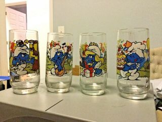 Vintage Smurf Glasses Collectors 4 Piece Set