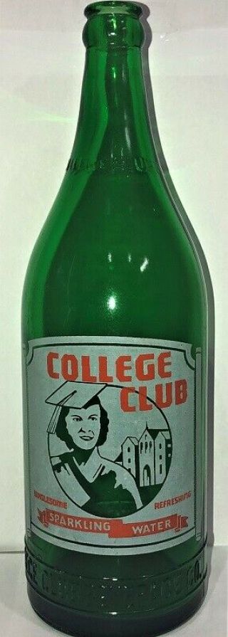 Rare Vintage 28 Oz.  College Club Sparkling Water Soda Bottle Ptd Label Embossed