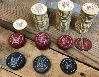 105 Antique Clay Poker Chips - Indian Head - Eagle - Horseshoe - Gambling - Rare