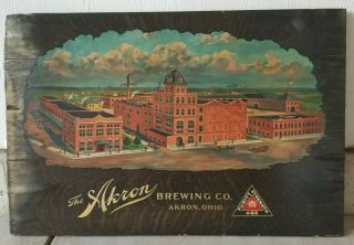 Rare Antique " The Akron Brewing Company " Lithograph On Wood Sign.  Meyercord Sign