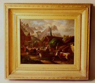 1860 - 80 Painting Of Life In The Town Square Of Partenkirchen,  Germany
