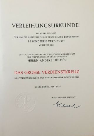 Walter Scheel / Signed Document 1976 / Germany /president / Rare / Finland