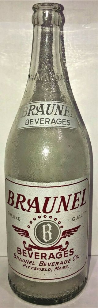 Rare Vintage 28 Oz Braunel Beverage Co Soda Bottle Pittsfield Mass Painted Label