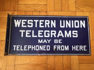 Weatern Union Telegrams May Be Telephoned From Here Double Sided Porcelain Sign 2