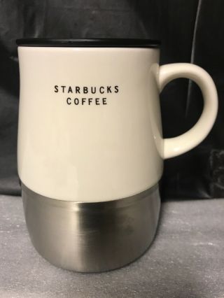 Starbucks Coffee Cup White And Stainless Steel Travel Mug 14 Oz 2004 Silver