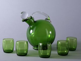 30s Green Elegant Depression Glass Decanter Set Ball Form Pitcher & 5 Cordials