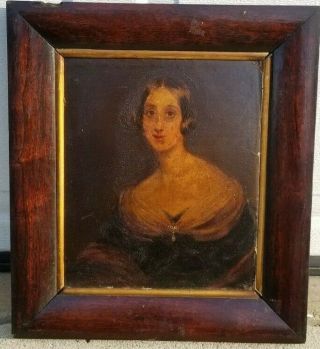19th C Antique Victorian Era Lady Portrait Oil Painting Oak Frame Gloomy London