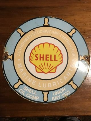 1933 Shell Marine Lubricants Porcelain Gas Pump Sign,  Shell Oil Co.