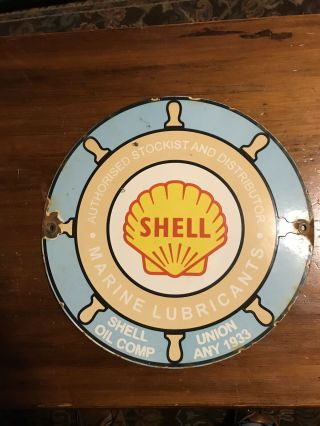 1933 SHELL MARINE LUBRICANTS PORCELAIN GAS PUMP SIGN,  SHELL OIL CO. 3