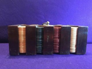 Antique Clay Poker Chips w/ Decorative Cardboard Case & Mahogany Caddy 3