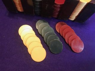 Antique Clay Poker Chips w/ Decorative Cardboard Case & Mahogany Caddy 4