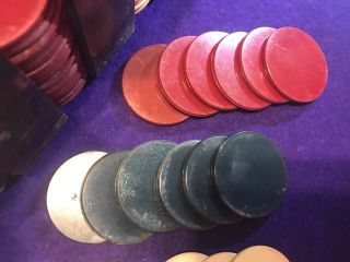 Antique Clay Poker Chips w/ Decorative Cardboard Case & Mahogany Caddy 5
