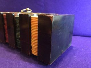 Antique Clay Poker Chips w/ Decorative Cardboard Case & Mahogany Caddy 7