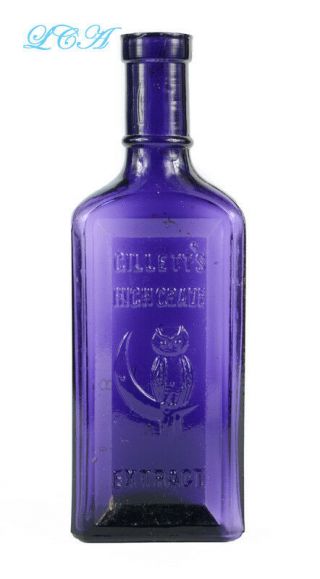 Antique Gillett Extract Bottle Pure Purple W/ Pic Owl On Crescent Moon
