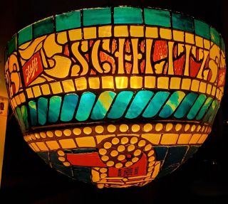 1977 Large Schlitz Beer Hanging Globe Stained Glass Style Bar Light / Pool Table