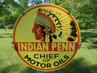 24 " Old 1937 Double Sided Indian Penn Chief Motor Oils Porcelain Gas Pump Sign