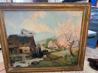 James Arthur Merriam Oil Painting On Canvas Farm Town Landscape - Signed